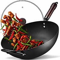 Prime: FGJ 13" Pre-Seasoned Carbon Steel Flat Bottom Wok with Glass Lid